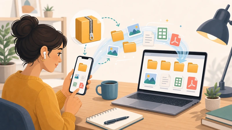 Illustration of opening a compressed archive on iPhone and moving extracted files to a laptop