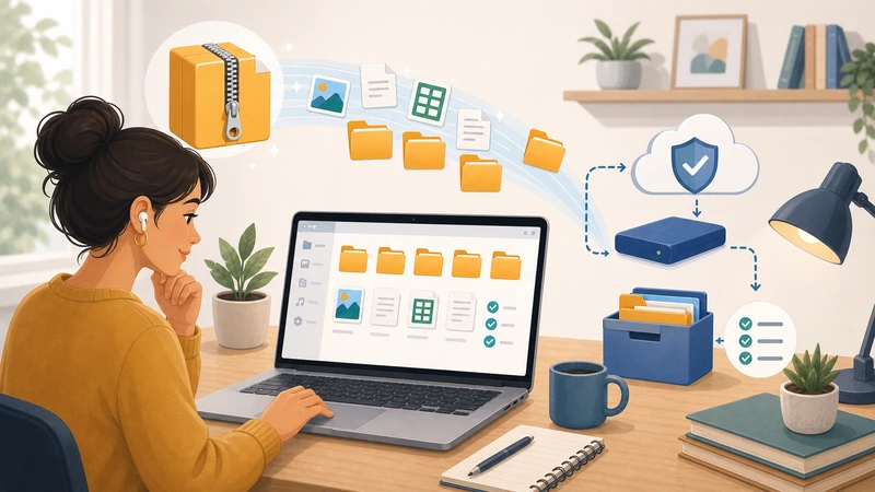 Illustration of opening an archive and reviewing organized extracted files for backup verification