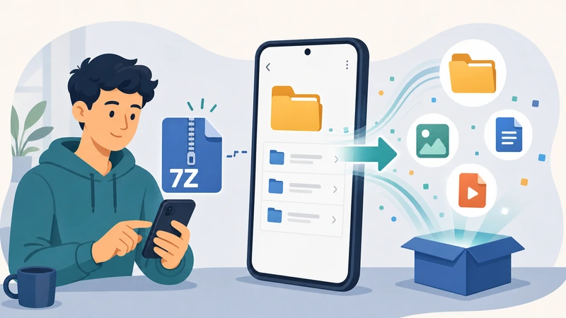Illustration of opening a 7Z archive on Android and extracting usable files