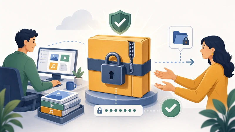 Illustration of securing a large file package with password protection before client delivery