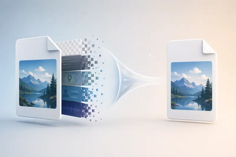 Conceptual illustration of cleaning image metadata online from photos before sharing