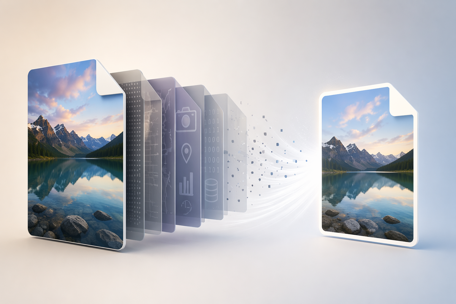 Visual metaphor of hidden data being stripped from images before sharing