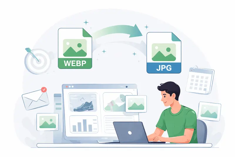 Conceptual illustration of WEBP to JPG converter transforming image formats for marketing workflows
