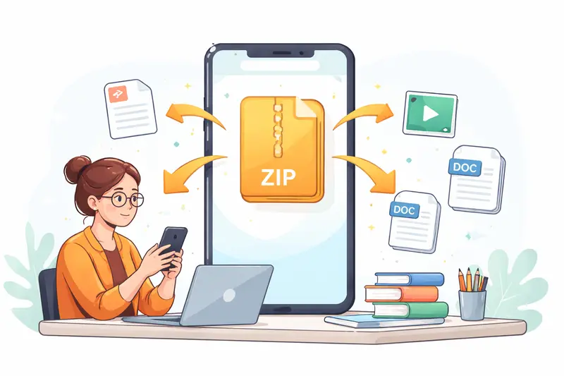 Conceptual illustration of archive extractor online unpacking files on Android