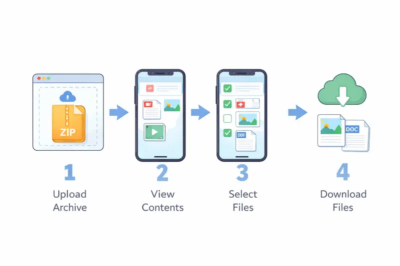 Conceptual visualization of extracting large ZIP files efficiently online