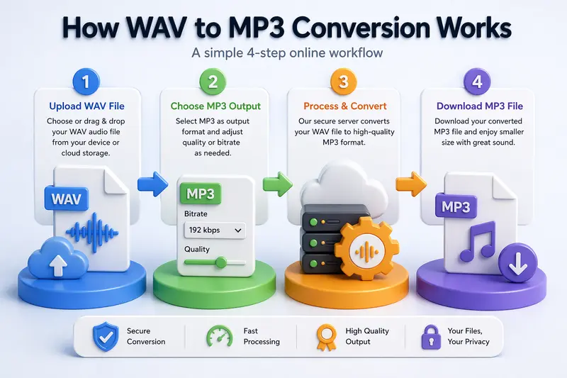 Workflow of uploading and converting audio files online