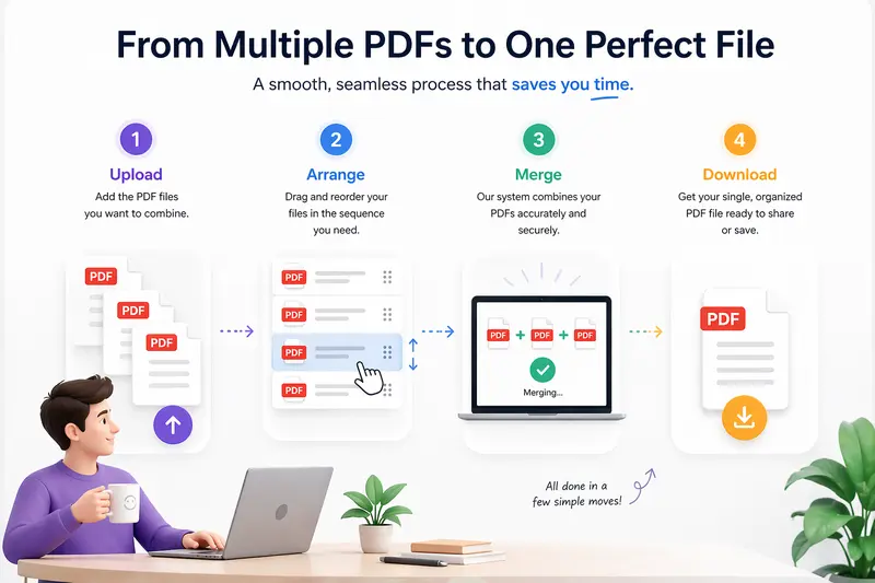 Workflow showing multiple PDFs merging into a single file