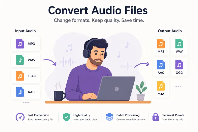 Audio format conversion concept showing multiple file types