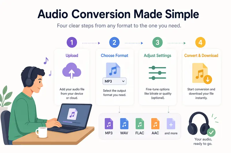 Audio conversion workflow from upload to output formats