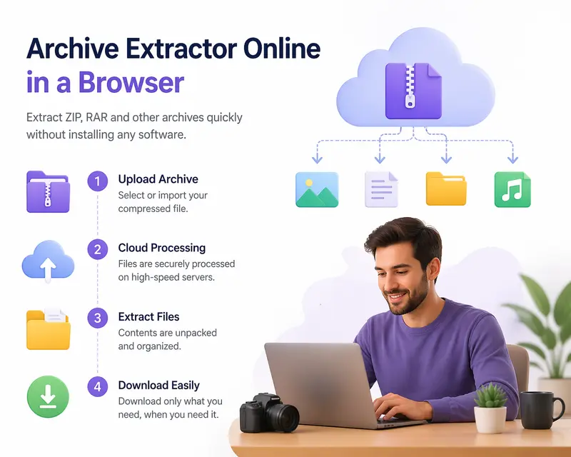 Conceptual workflow of archive extractor online processing compressed photo files