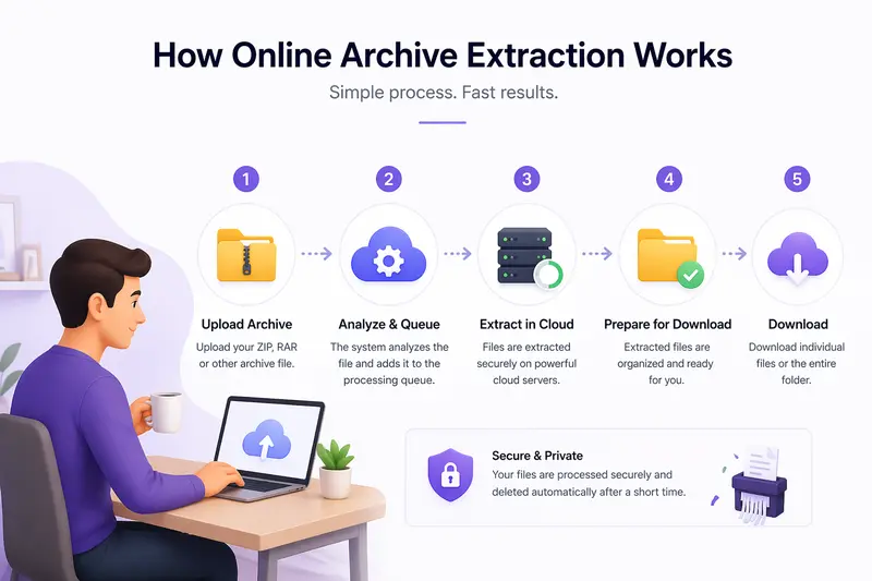 Illustration of extracting large ZIP files online with high-resolution images