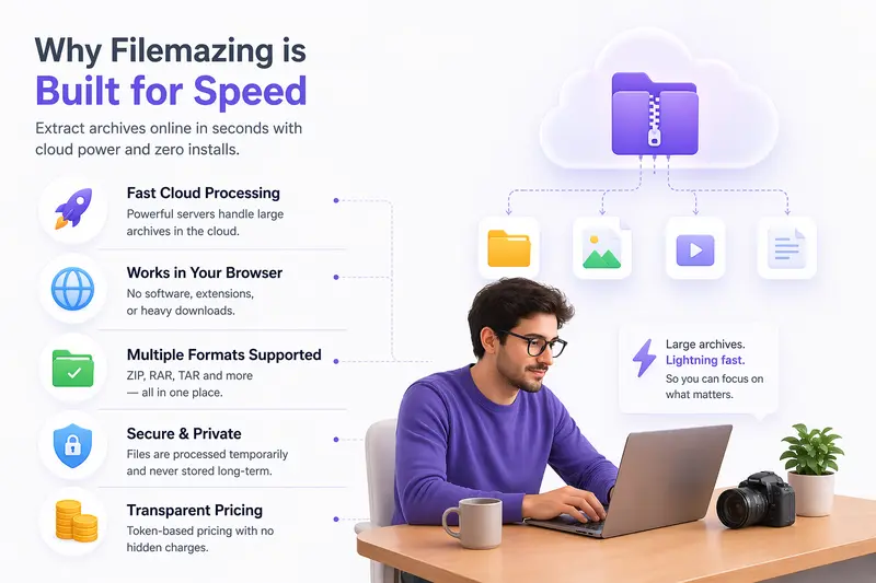 Visual representation of archive extractor online workflow with file security and processing steps