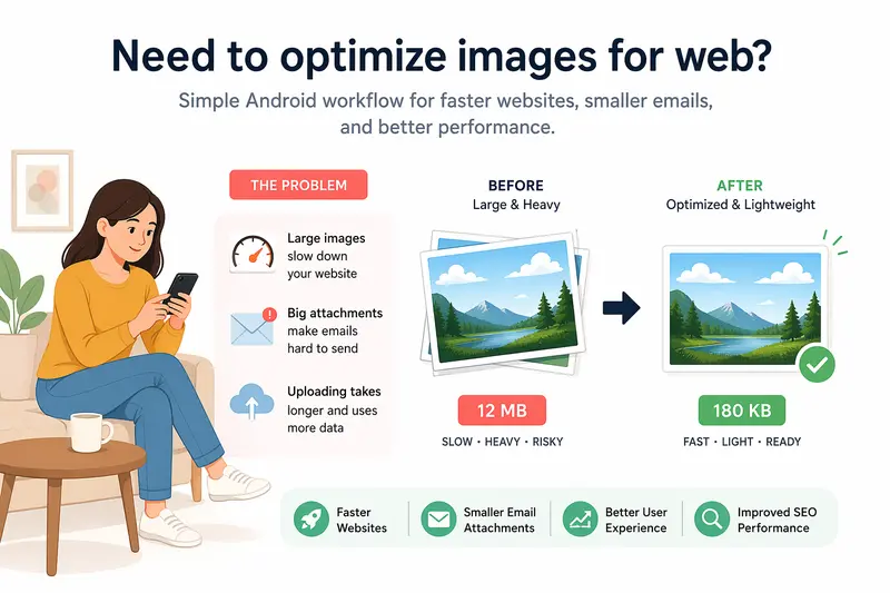 Visual showing optimize images for web workflow from large files to compressed lightweight images