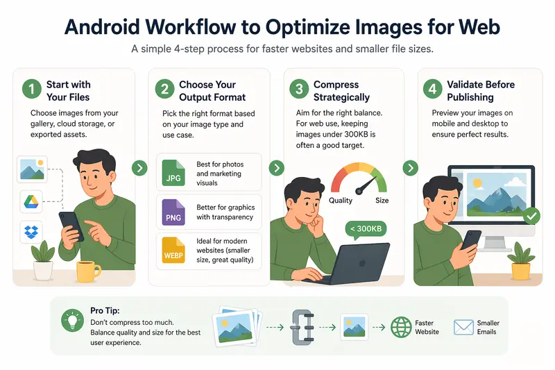 Illustration of before and after optimize images for web showing size reduction and quality retention