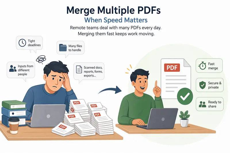 Stack of documents merging into one file representing merge multiple PDFs