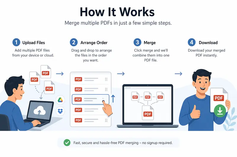 Workflow of merging multiple PDFs from scattered files into a single organized document