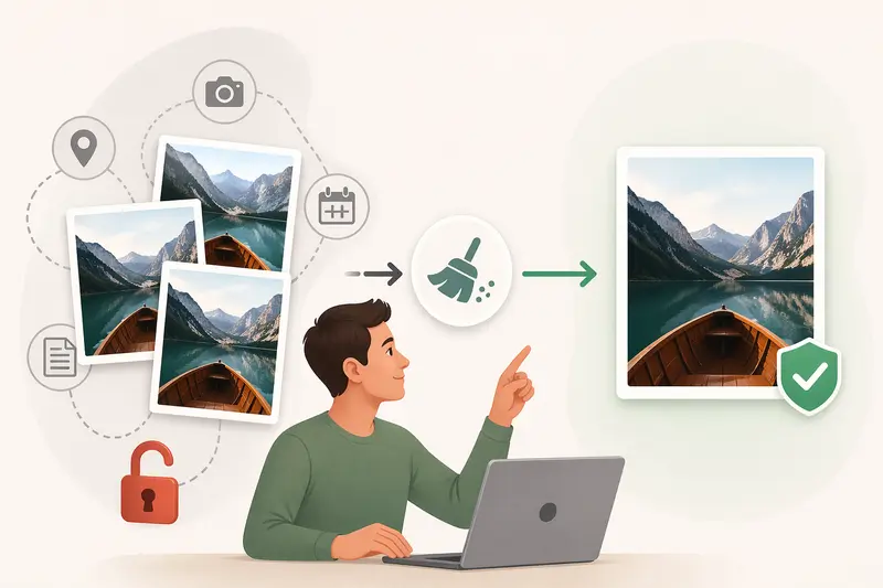 Illustration of clean image metadata online process showing data removal from photos