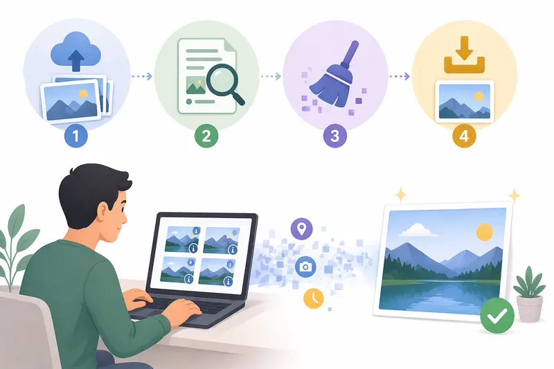 Conceptual image showing metadata layers being removed from multiple images