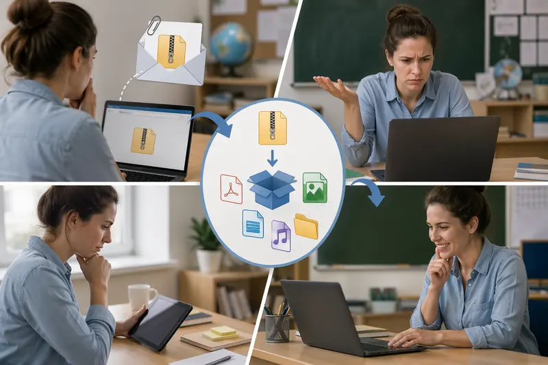 Teacher accessing compressed files from email on a laptop