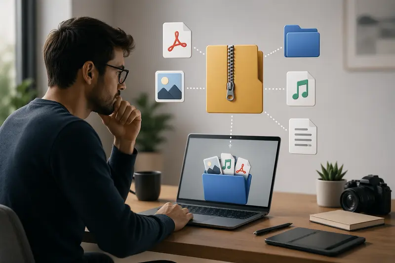 Workflow showing unzip files online process from upload to extracted files