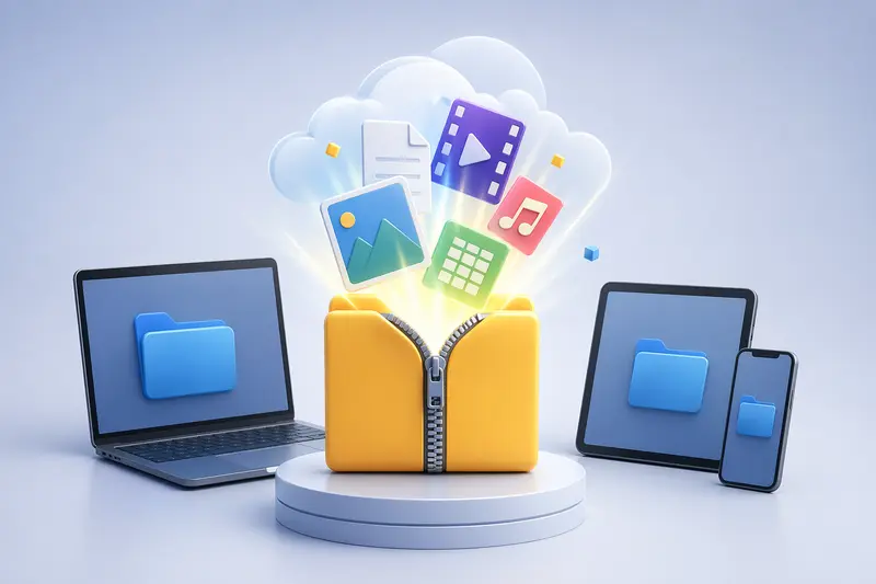 Conceptual illustration of archive extractor online unpacking files across devices