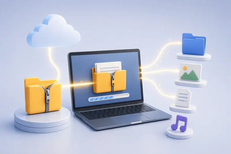 Visualization of archive extractor online processing a large zip file into organized files