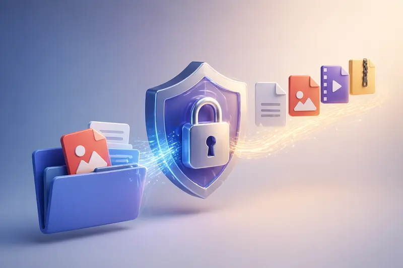 Abstract visual showing encrypted files transforming into secure locked data