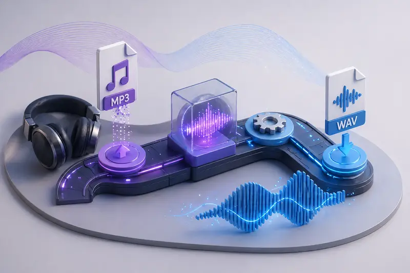 Illustration of batch MP3 to WAV conversion happening in a cloud processing queue