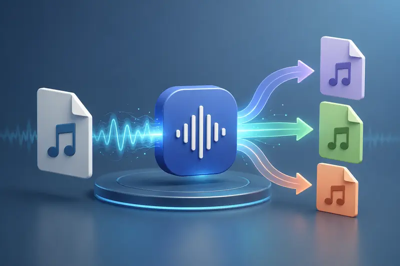 Conceptual illustration of audio waves changing formats using an audio format converter online