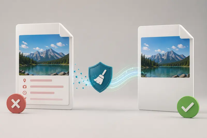 Illustration of remove metadata from images showing hidden data being stripped while image remains intact