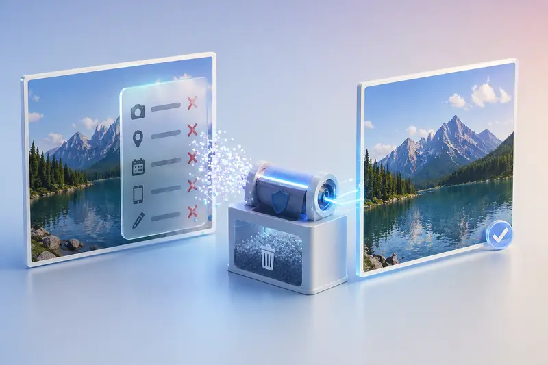 Conceptual image of remove metadata from images showing multiple files being cleaned in a batch process