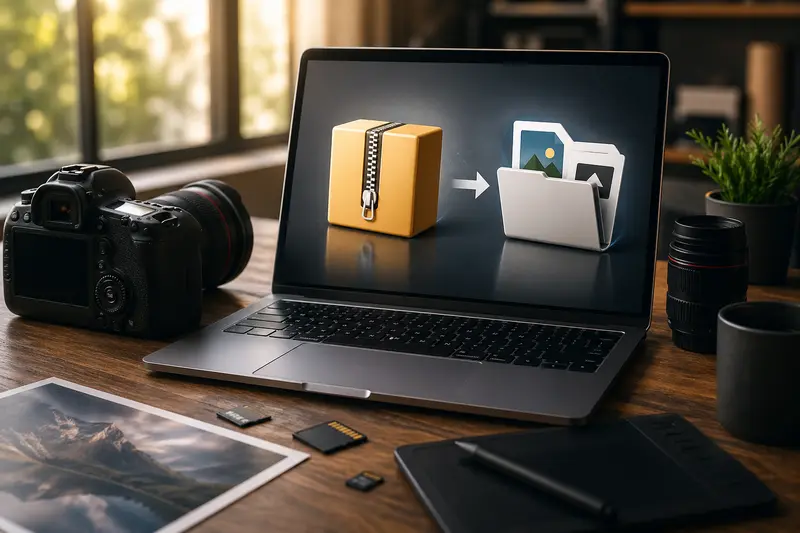 Photographer extracting archive files online workflow