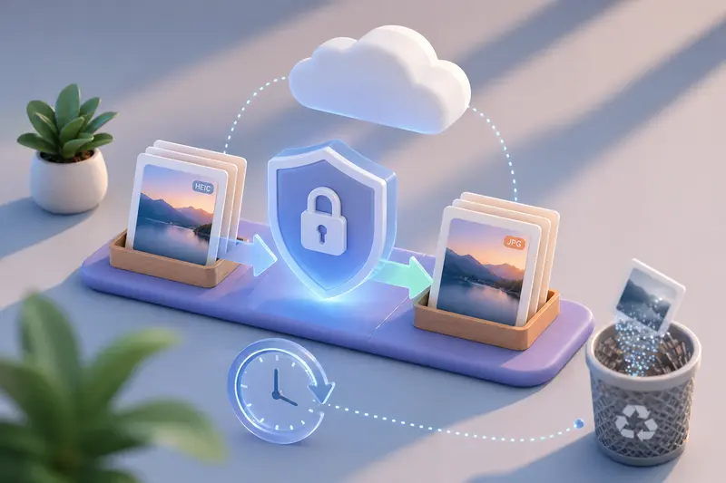Illustration of HEIC image conversion workflow from upload to JPG output