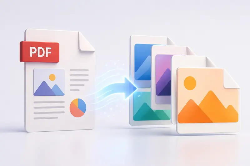 Conceptual illustration of extract images from PDF process showing files turning into images