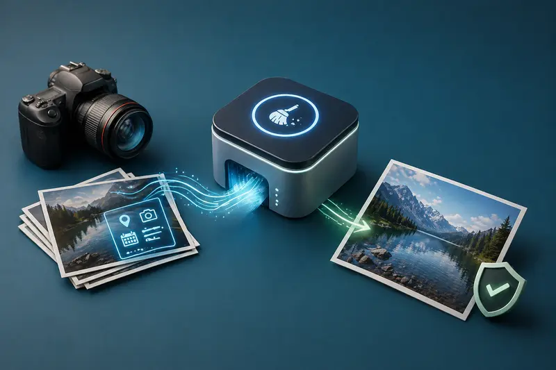 Before and after metadata cleaning comparison concept