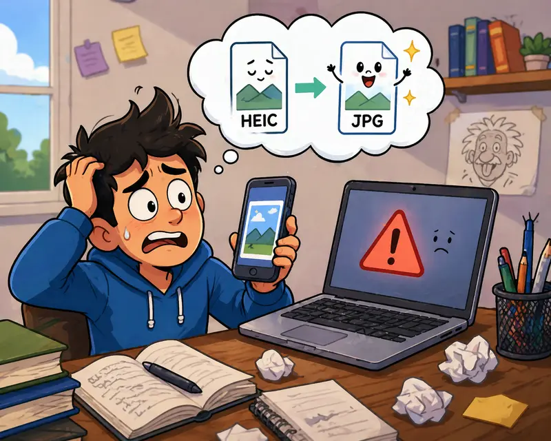 Conceptual illustration of HEIC to JPG converter transforming mobile photos