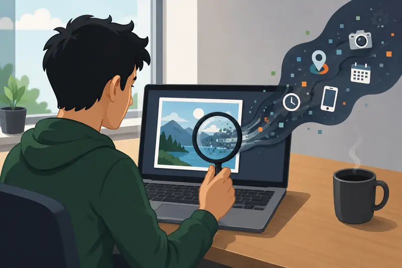 Person removing hidden metadata from shared images on a Linux laptop using an online cleanup workflow