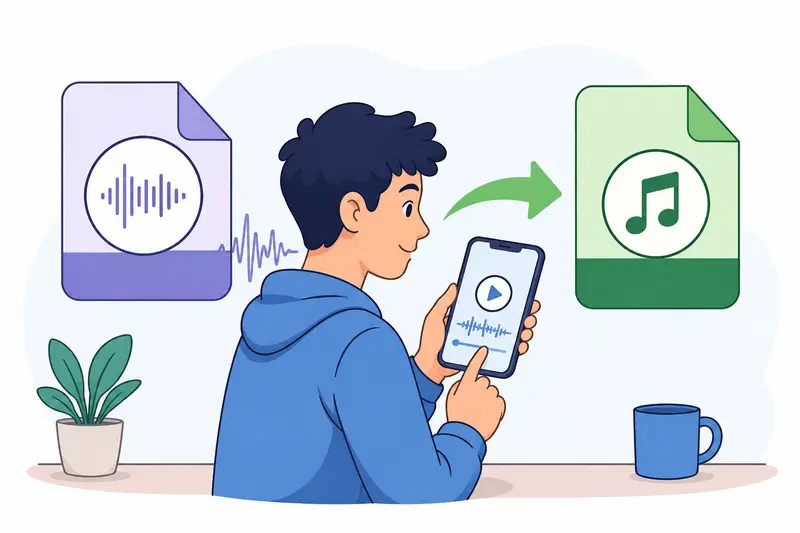 Conceptual WAV to MP3 converter workflow with large audio files becoming smaller and easier to share