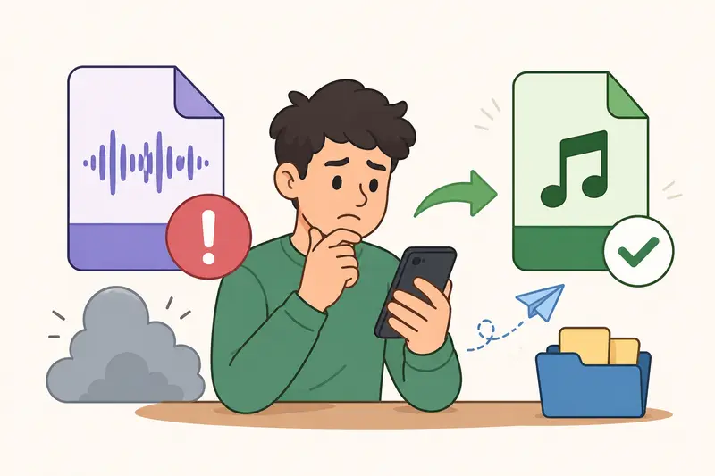 Illustration of audio compression transforming large WAV recordings into portable MP3 files