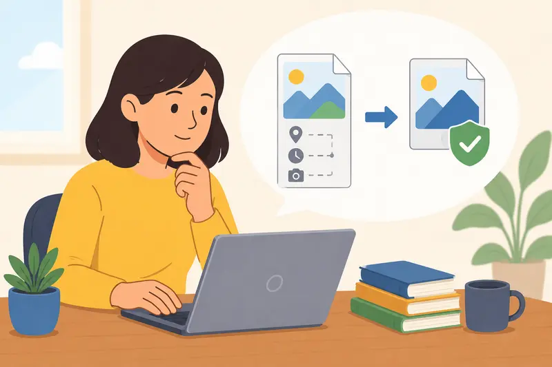 Teacher preparing remove hidden metadata workflow before sharing classroom photos