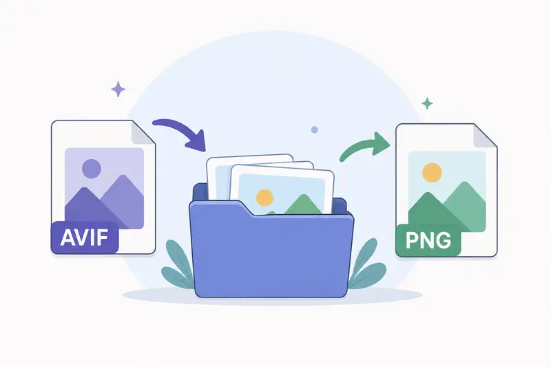 Conceptual AVIF to PNG converter image showing file format transformation for business assets
