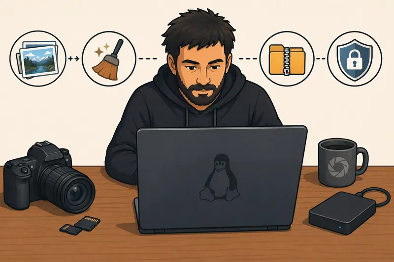 Photographer organizing encrypted image files and metadata-cleaned archives