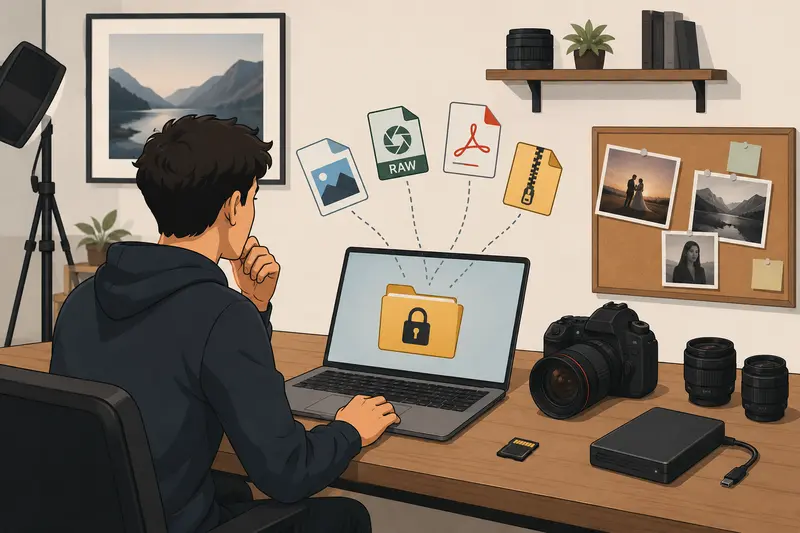 Photographer organizing password protect files workflow before client delivery