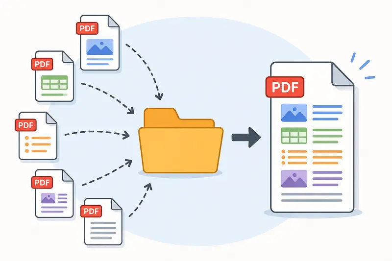 Workflow illustration showing large merge PDF documents process across multiple business files