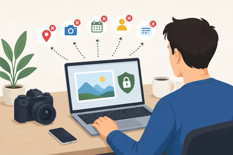 Clean image metadata online process showing image preparation, privacy cleanup, and optimized file delivery