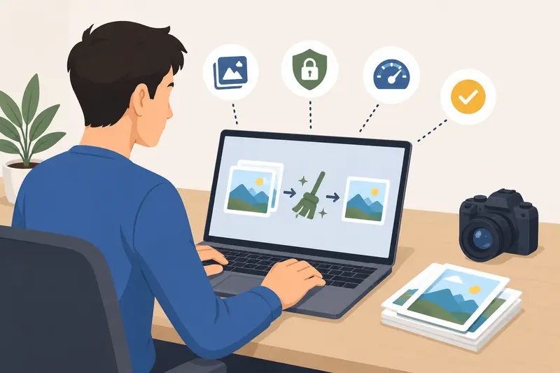 Photo privacy metadata remover concept with marketing images moving through secure processing stages