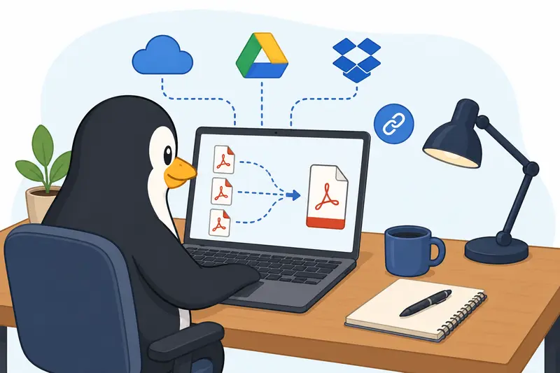 Illustration of multiple PDF pages combining into a single merged document on Linux