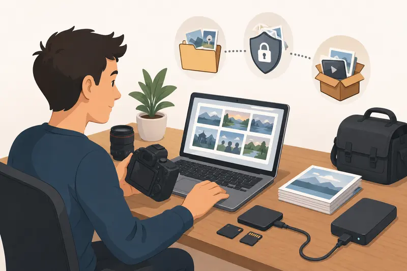 Photographer organizing secure file sharing workflows for large image batches
