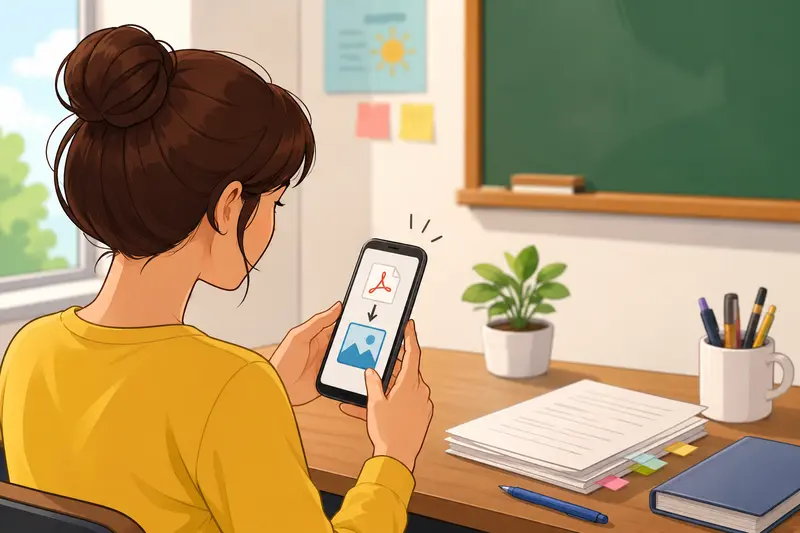 Teacher using a phone to save PDF pages as images from classroom documents