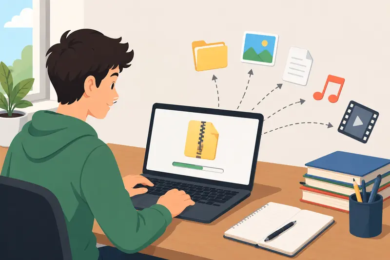 Student opening RAR files online while organizing coursework want to install random desktop software, restart your laptop, or fight folders